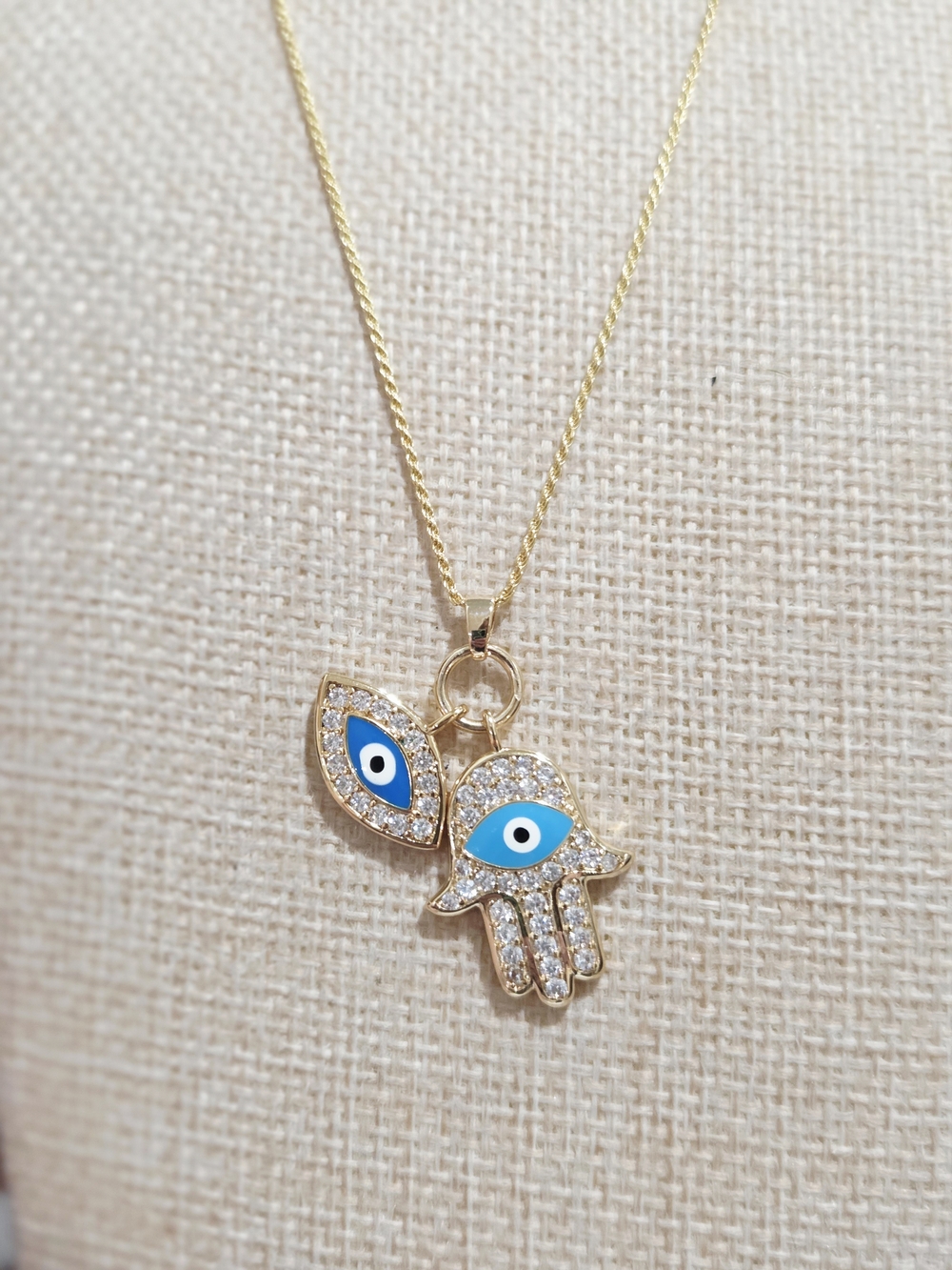 Gold Hamsa Hand and Evil Eye Pendant Necklace - Blue Accents - Picture 1 of 4